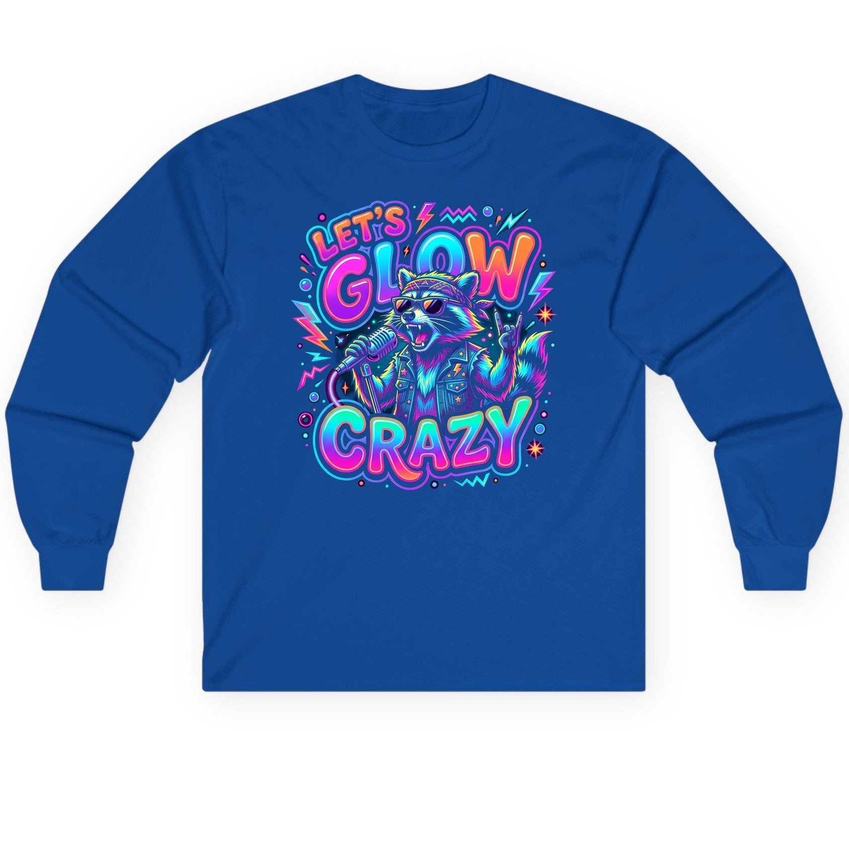 Let's Glow Crazy Funny Rockstar Raccoon Long Sleeve Tee - product mockup - Royal