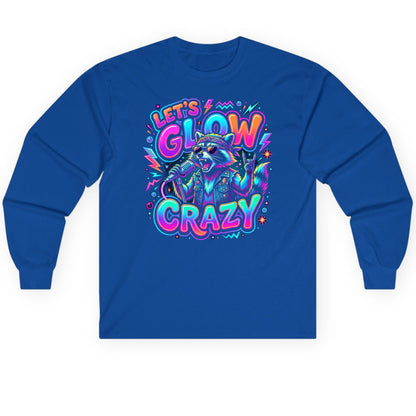 Let's Glow Crazy Funny Rockstar Raccoon Long Sleeve Tee - product mockup - Royal