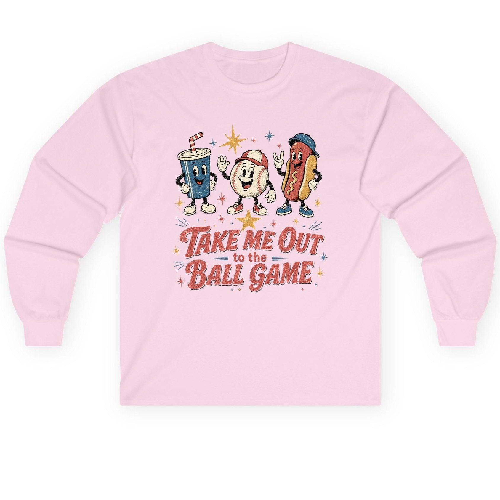 Take Me Out to the Ball Game Retro Baseball Long Sleeve Tee - product mockup - Light Pink