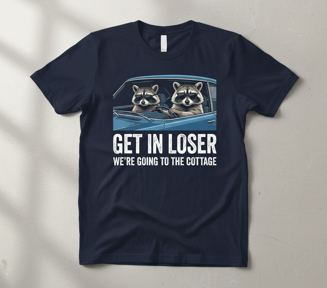Funny Raccoon Get In Loser We're Going To The Cottage T-Shirt - Navy