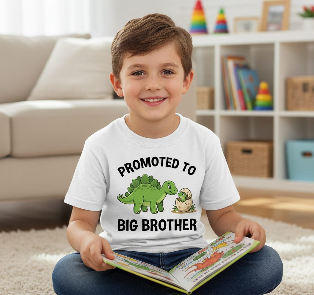 Promoted to Big Brother Dinosaur Youth T-Shirt - lifestyle model mockup - White