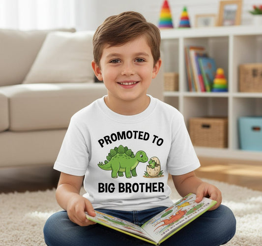 Promoted to Big Brother Dinosaur Youth T-Shirt - lifestyle model mockup - White
