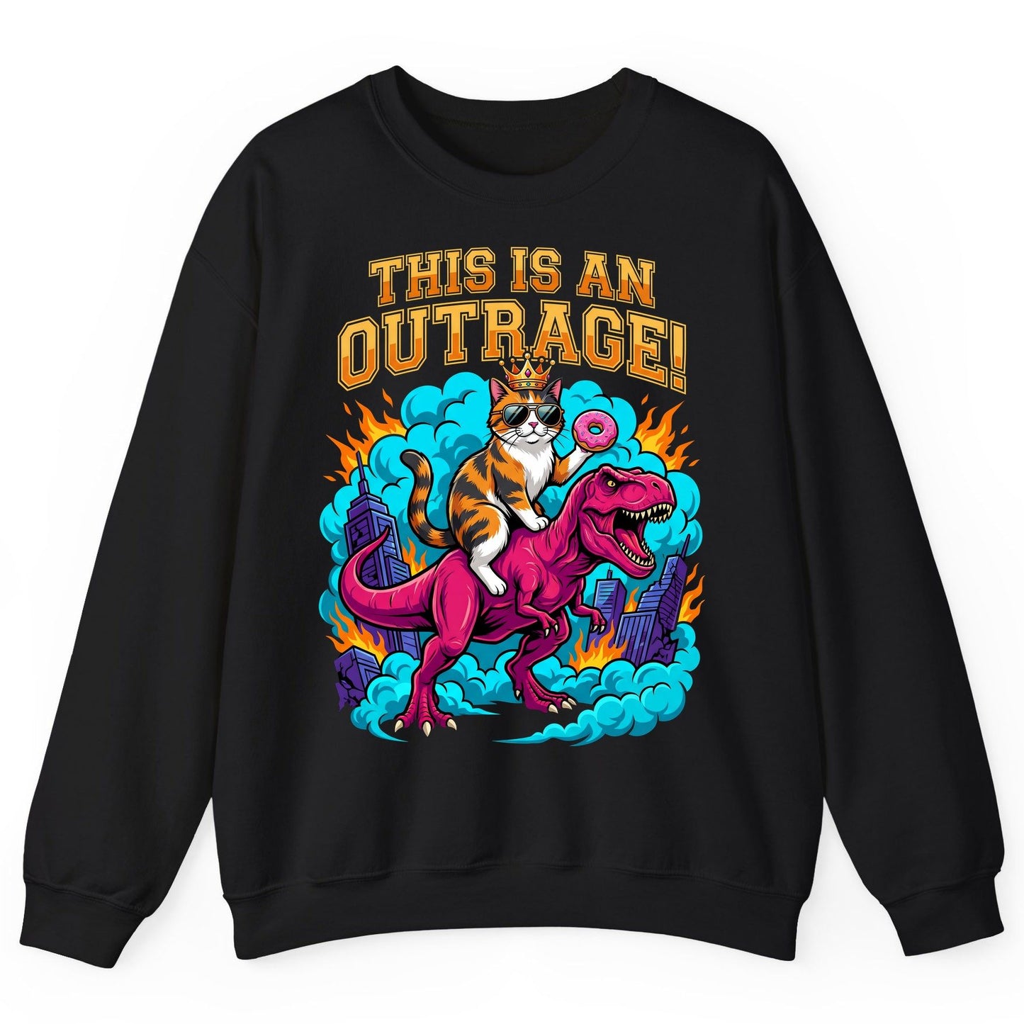 THIS IS AN OUTRAGE! Cat riding a T-Rex Sweatshirt Black product mockup