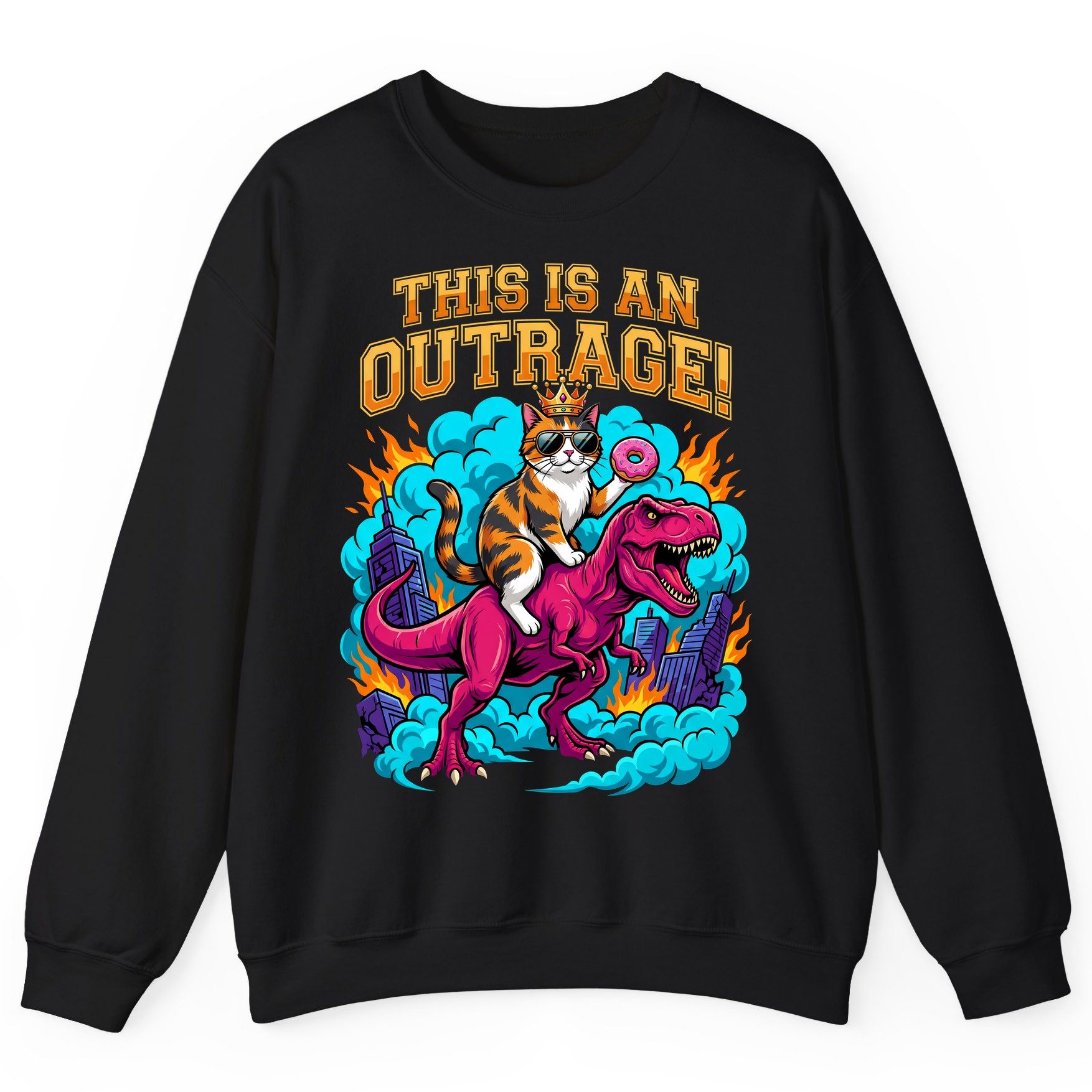 THIS IS AN OUTRAGE! Cat riding a T-Rex Sweatshirt Black product mockup