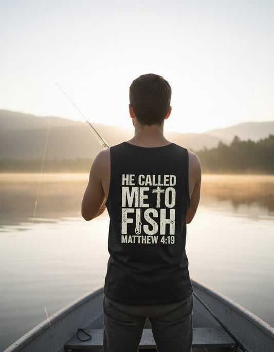 He Called Me to Fish Matthew 4 19 Christian Fishing Tank Top - product mockup - Black
