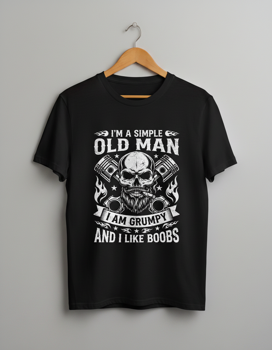 Grumpy Old Man Biker Skull and Pistons Funny Quote T-Shirt - Black