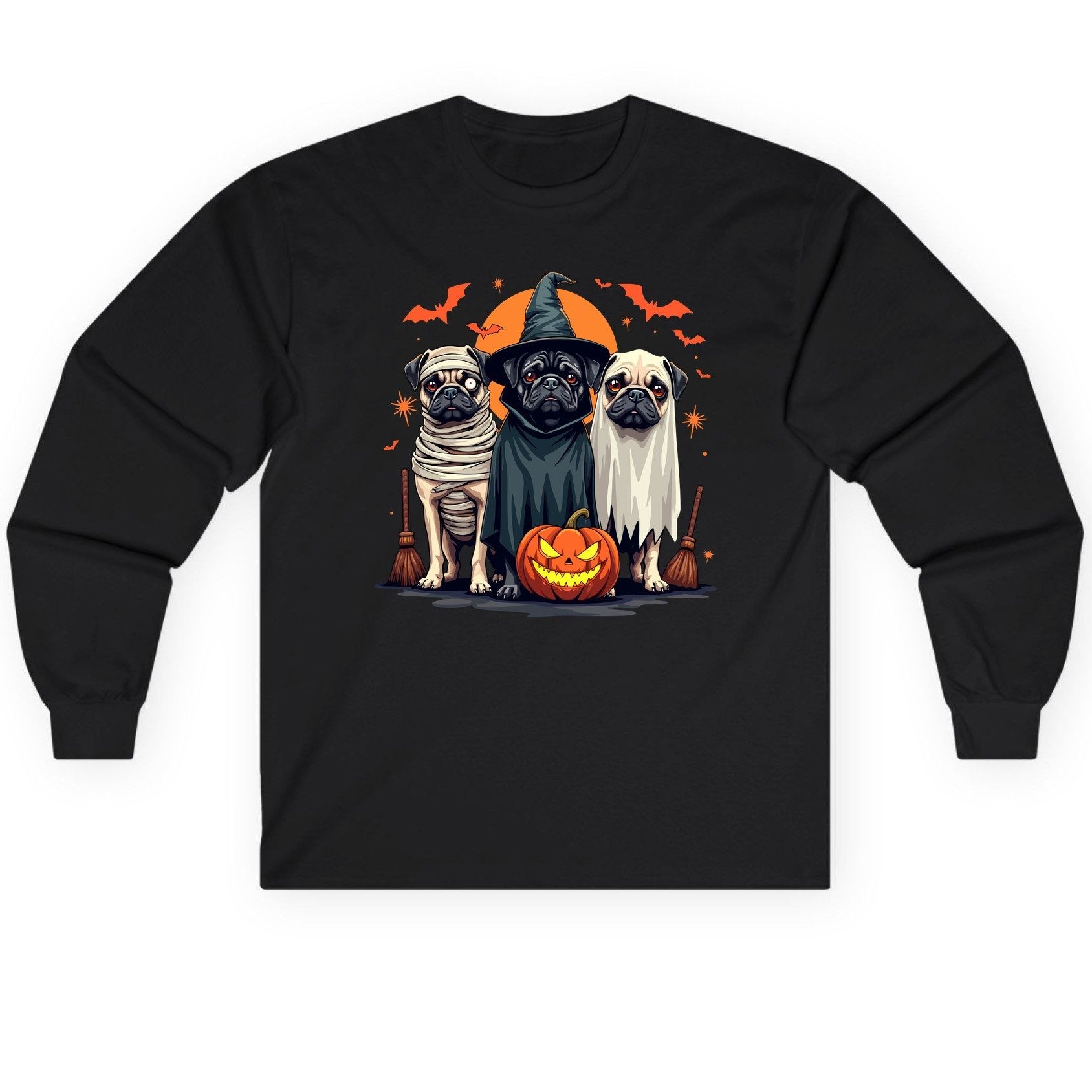 Halloween Pugs Costumes pugs Long Sleeve Tee Black product mockup