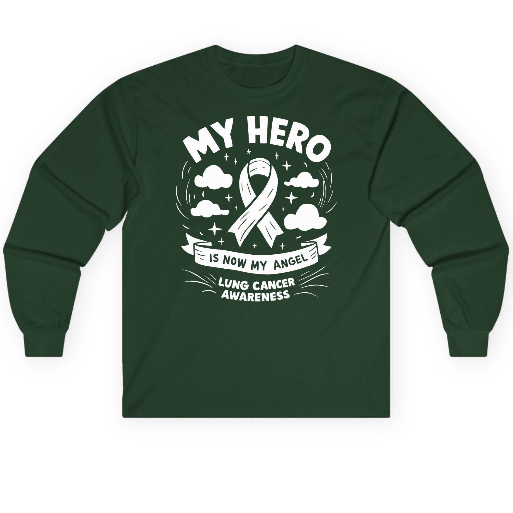 My Hero Is Now My Angel Lung Cancer Awareness lung cancer awareness Long Sleeve Tee Forest Green product mockup