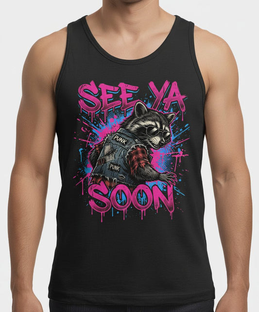 See Ya Soon Raccoon Tank Top - product mockup - Black