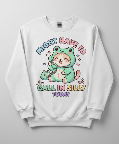 Kawaii Cat in Frog Costume Might Have To Call In Silly Today Sweatshirt - White