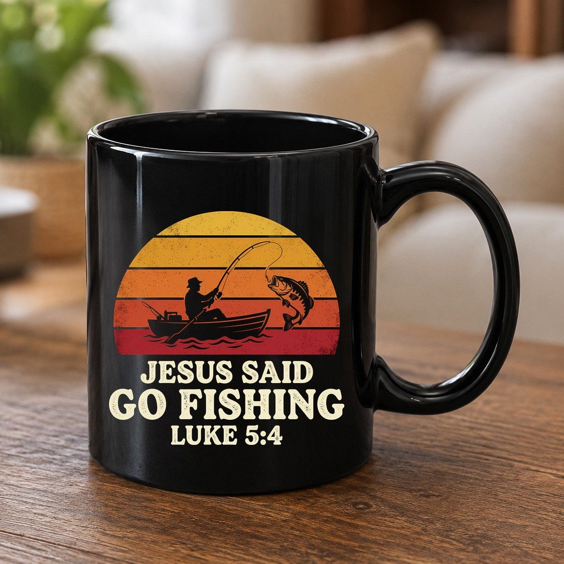 JESUS SAID GO Fishing LUKE 5 4 Retro Christian Black Mug - product mockup - Black