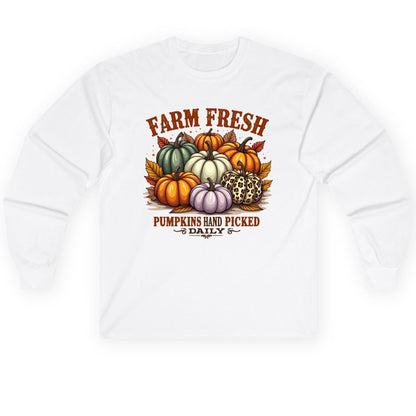 Farm Fresh Pumpkins Hand Picked Daily autumn pumpkins Long Sleeve Tee White product mockup