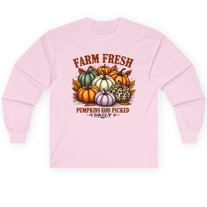 Farm Fresh Pumpkins Hand Picked Daily autumn pumpkins Long Sleeve Tee Light Pink product mockup