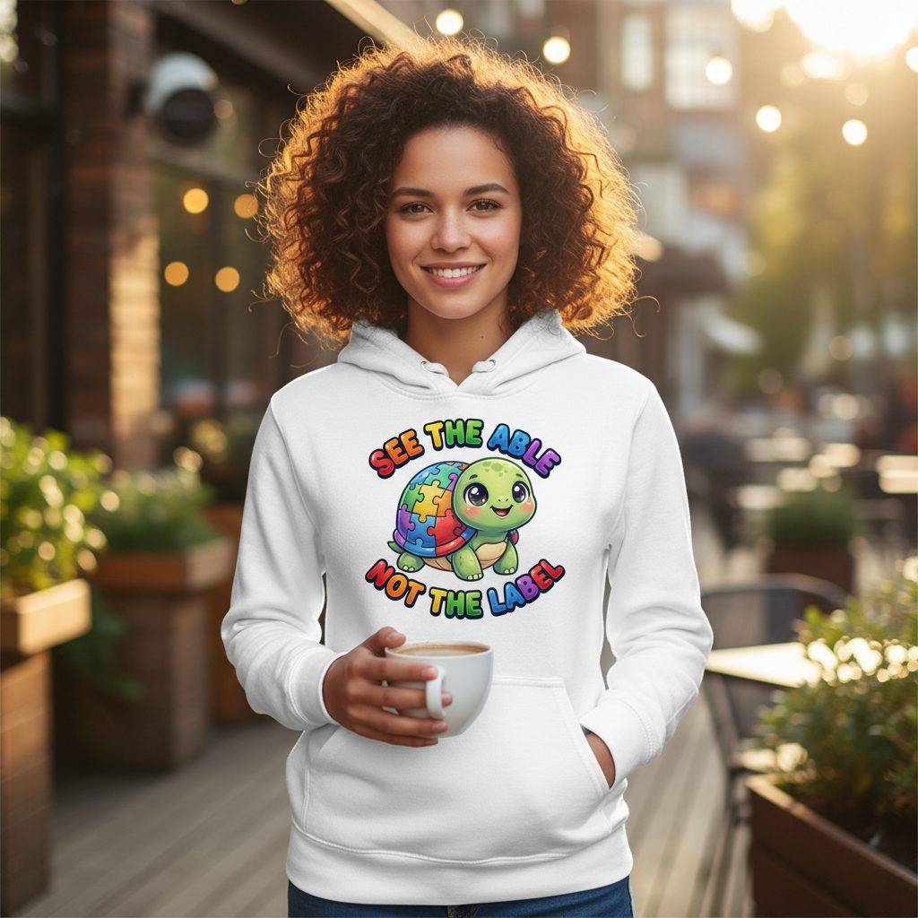 SEE THE ABLE NOT THE LABEL Autism Awareness Hoodie - lifestyle model mockup - White