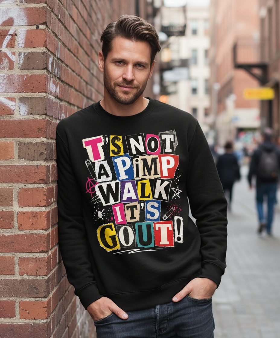 T's Not a Pimp Walk It's Gout Funny Humor Sweatshirt - lifestyle model mockup - Black