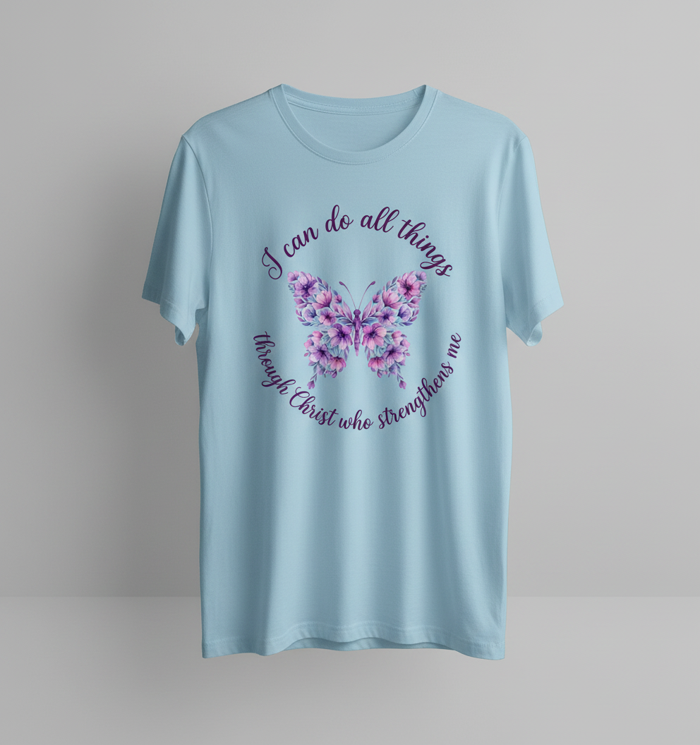 Floral Butterfly 'I can do all things through Christ' Bible Verse T-Shirt - Light Blue