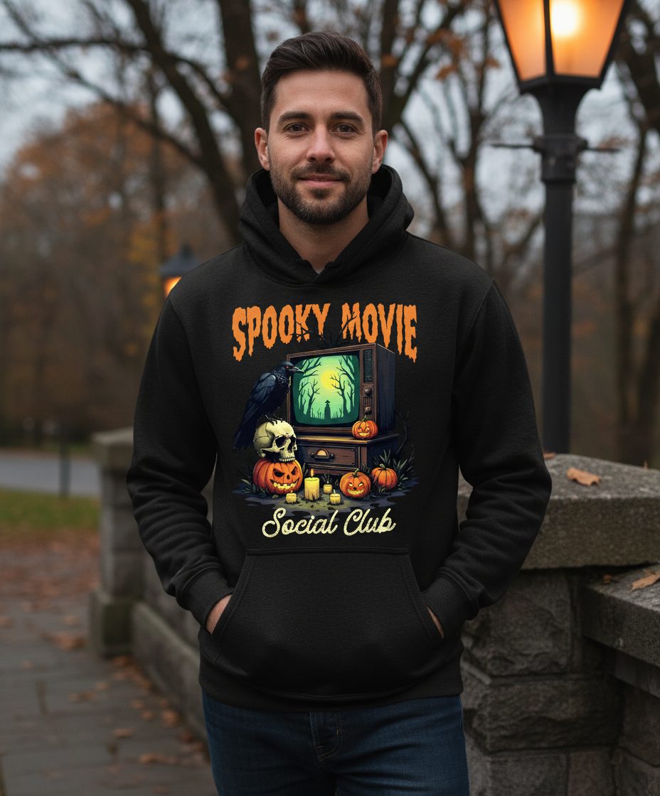 Spooky Movie Social Club Halloween Hoodie Black lifestyle mockup