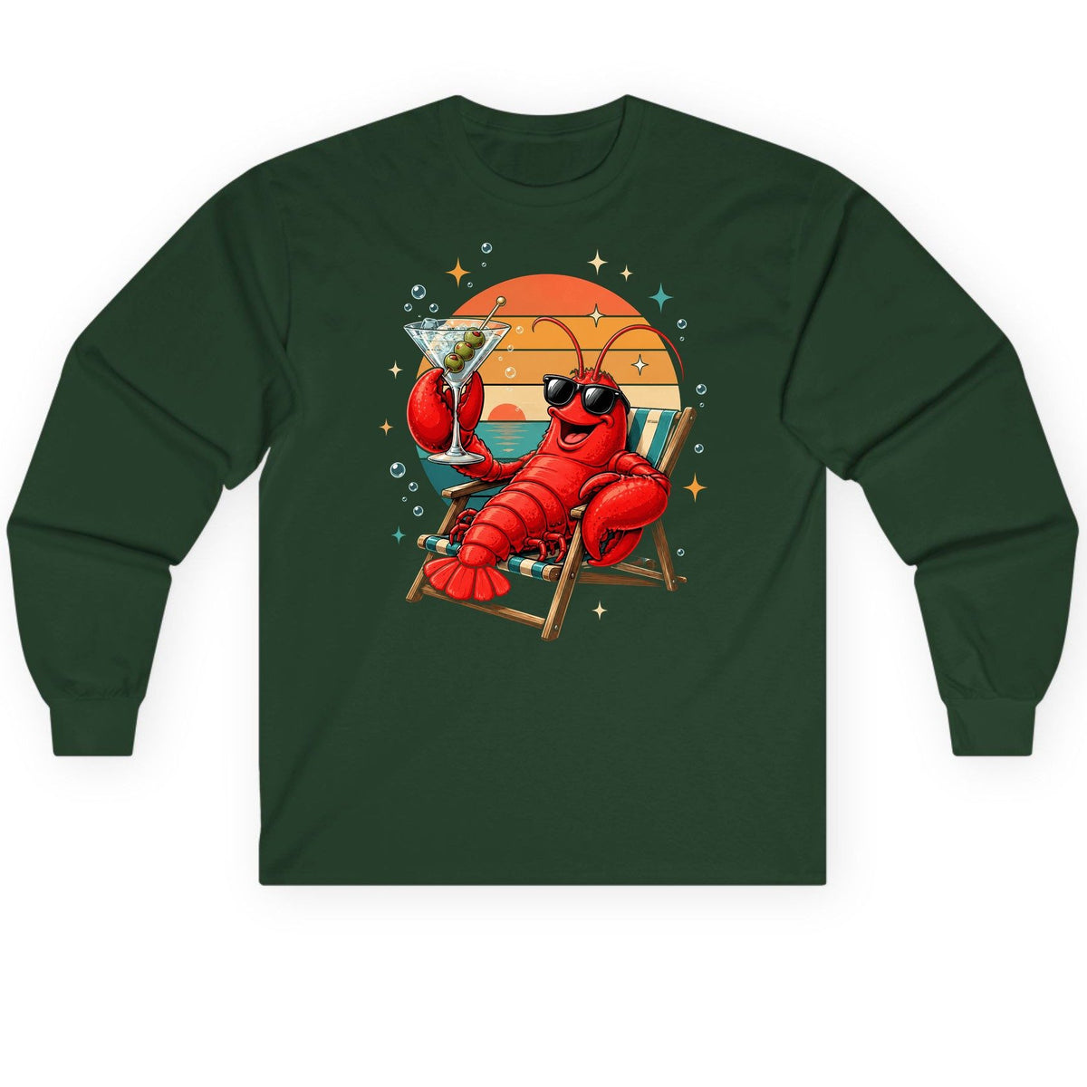 Funny Lobster Drinking Martini lobster Long Sleeve Tee Forest Green product mockup