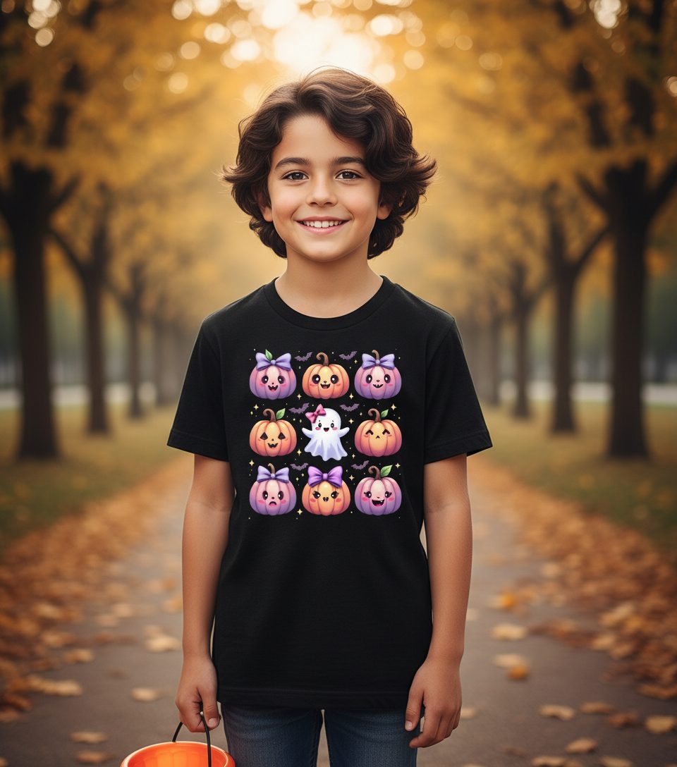 Kawaii Halloween Pumpkins kawaii Halloween Youth T-Shirt Black lifestyle mockup