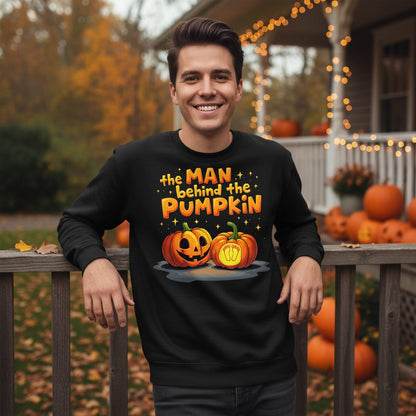 The Man Behind the Pumpkin Halloween pregnancy announcement Sweatshirt Black lifestyle mockup