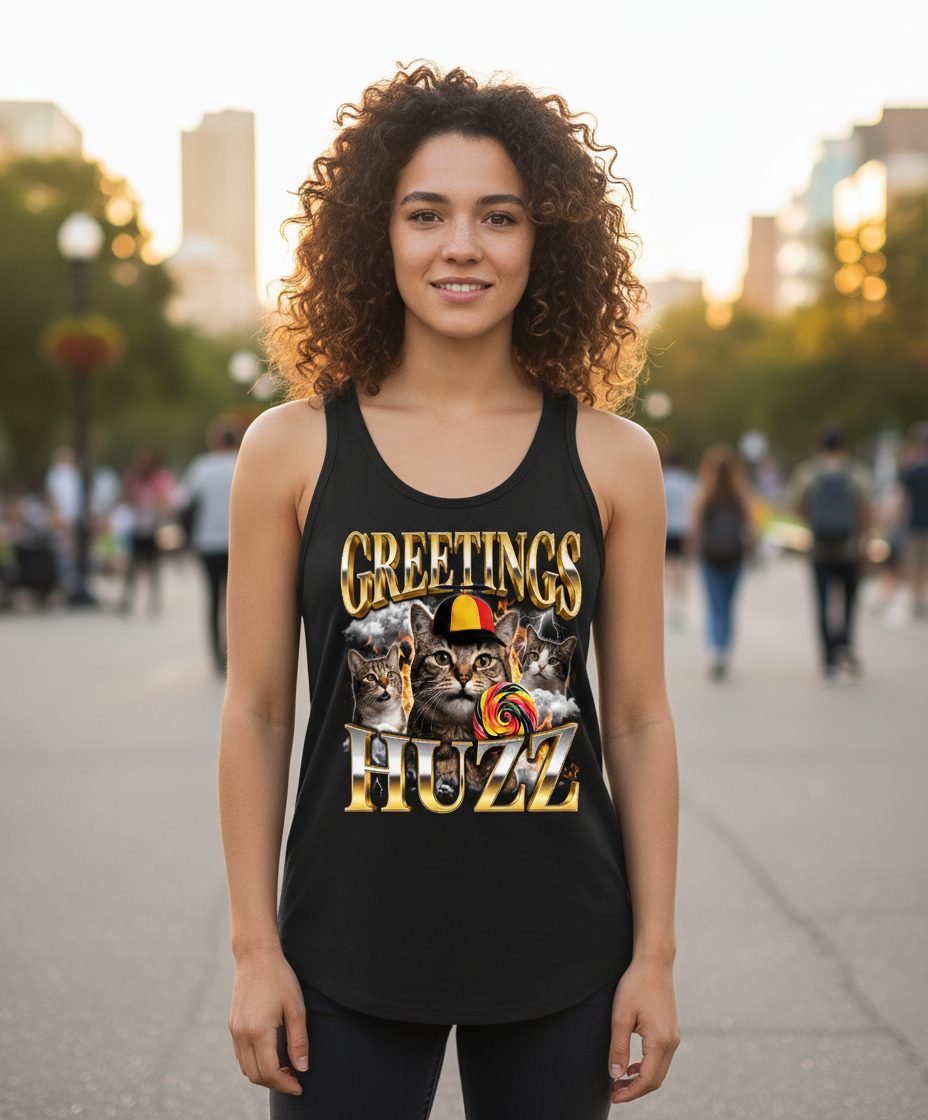 Greetings HUZZ Funny Cats Tank Top - lifestyle model mockup - Black