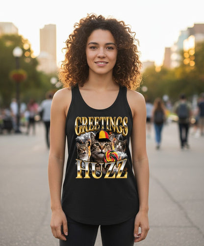 Greetings HUZZ Funny Cats Tank Top - lifestyle model mockup - Black