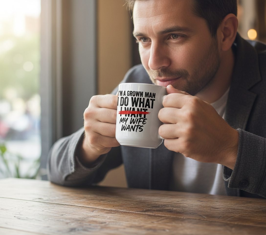 I'M a GROWN MAN I DO WHAT I WANT MY WIFE WANTS White Mug - lifestyle model mockup - White