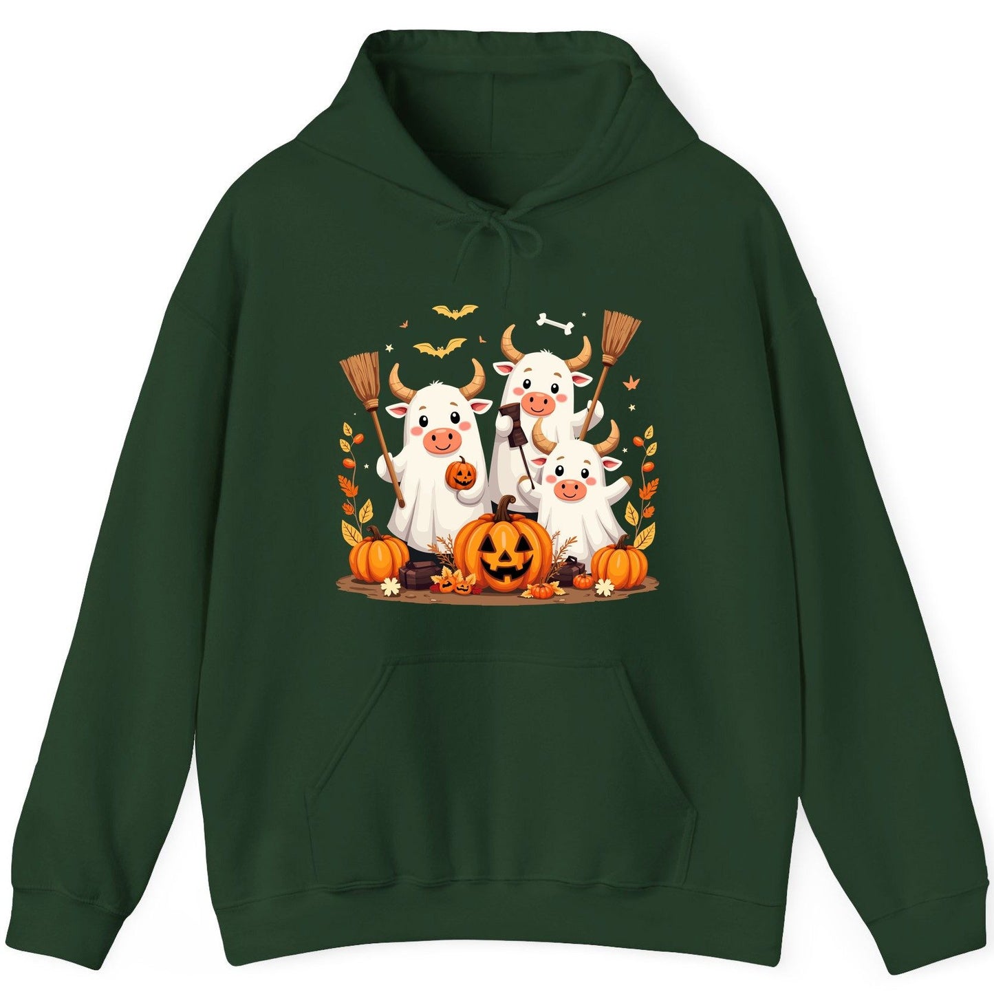 Cute Ghost Cows Halloween cows Hoodie Forest Green product mockup