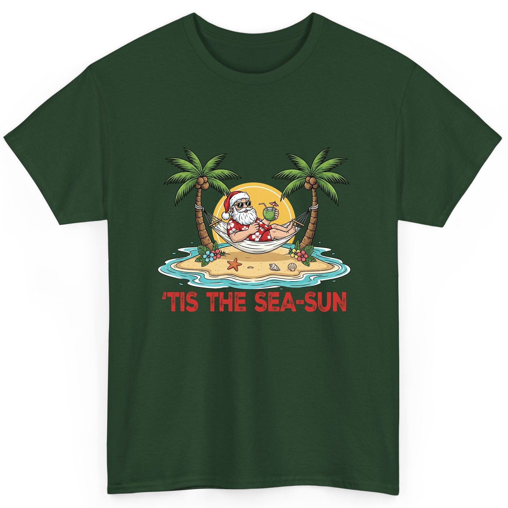 'Tis the Sea-Sun santa claus on a tropical vacation T-Shirt Forest Green product mockup