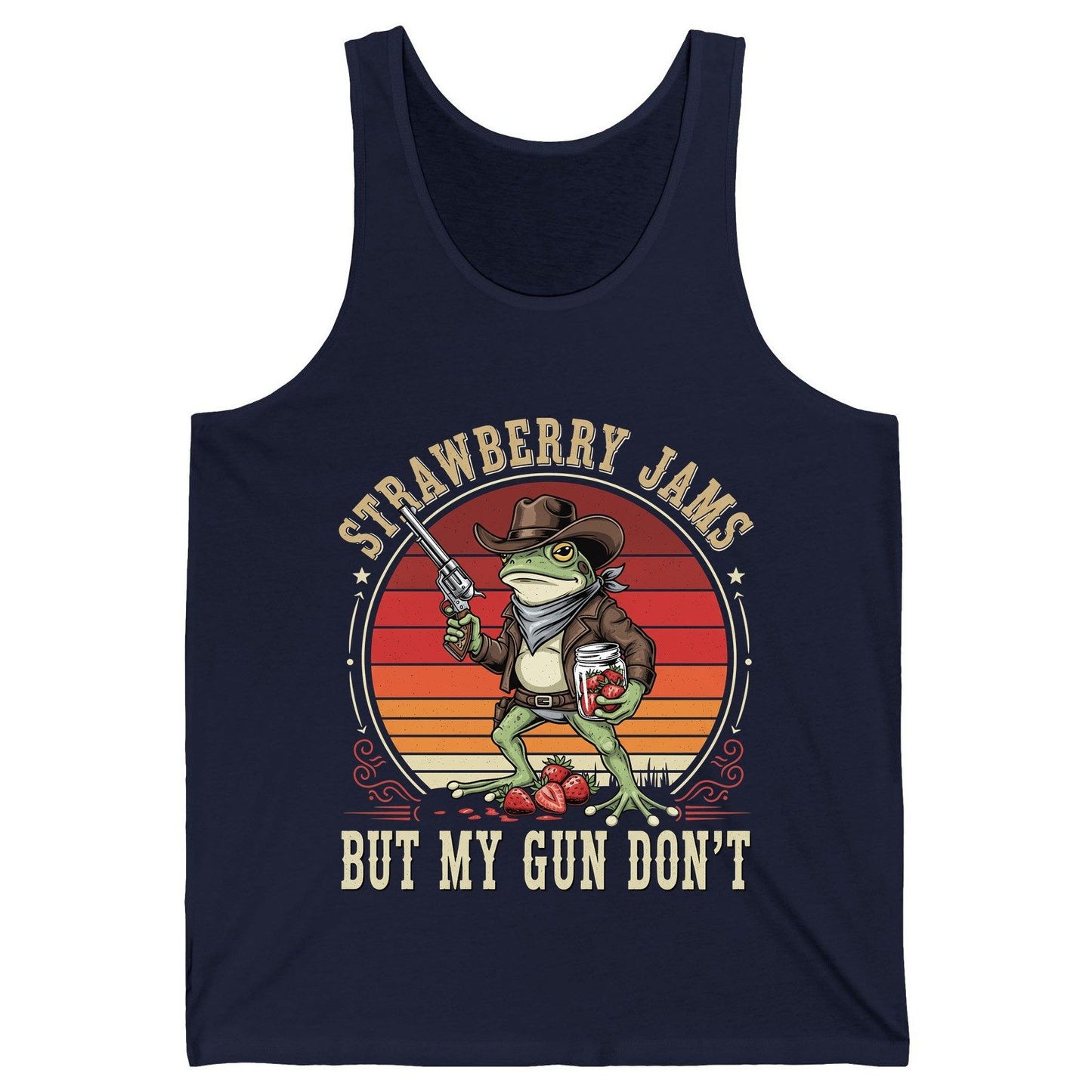 Strawberry Jams but My Gun Don't cowboy frog Tank Top Navy product mockup