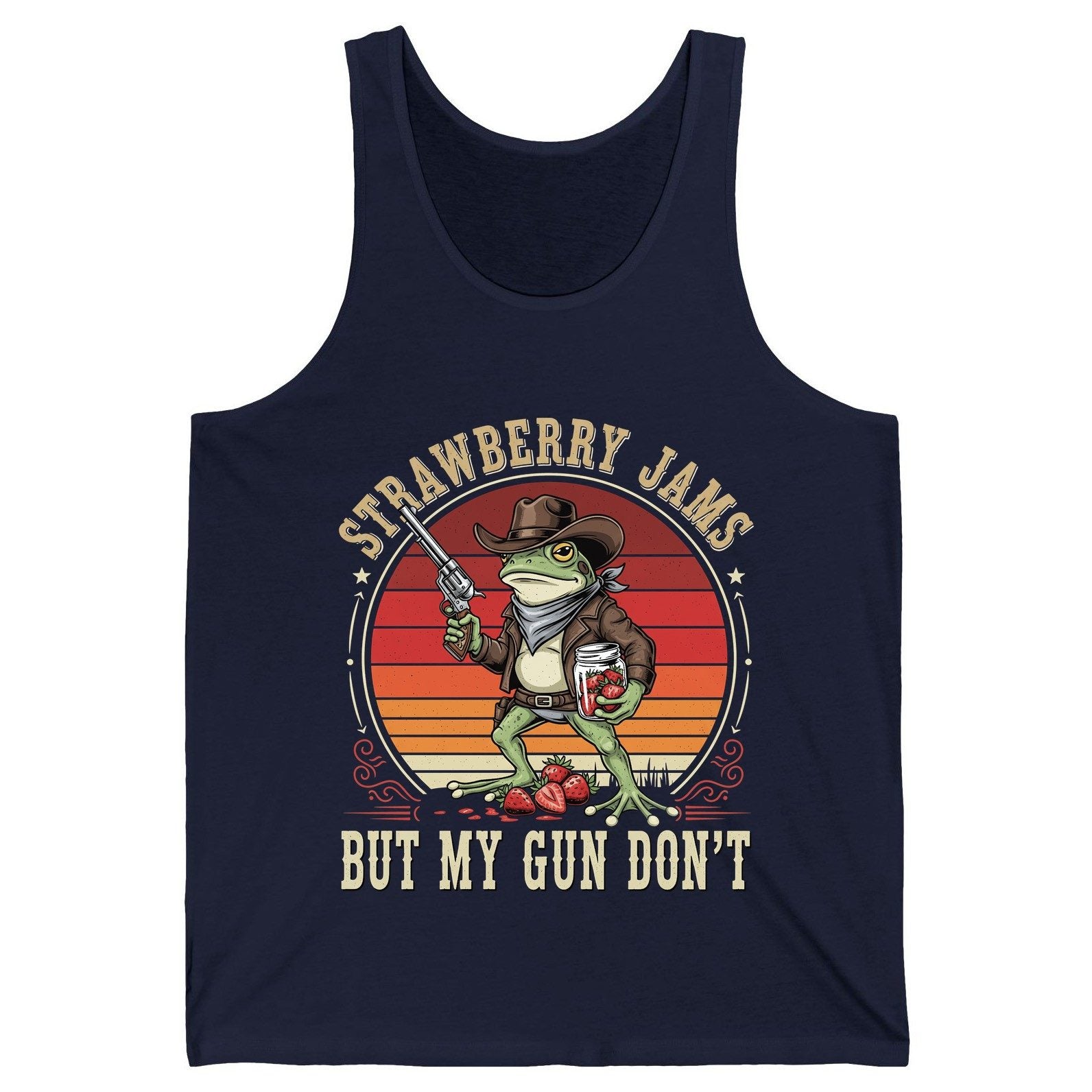 Strawberry Jams but My Gun Don't cowboy frog Tank Top Navy product mockup