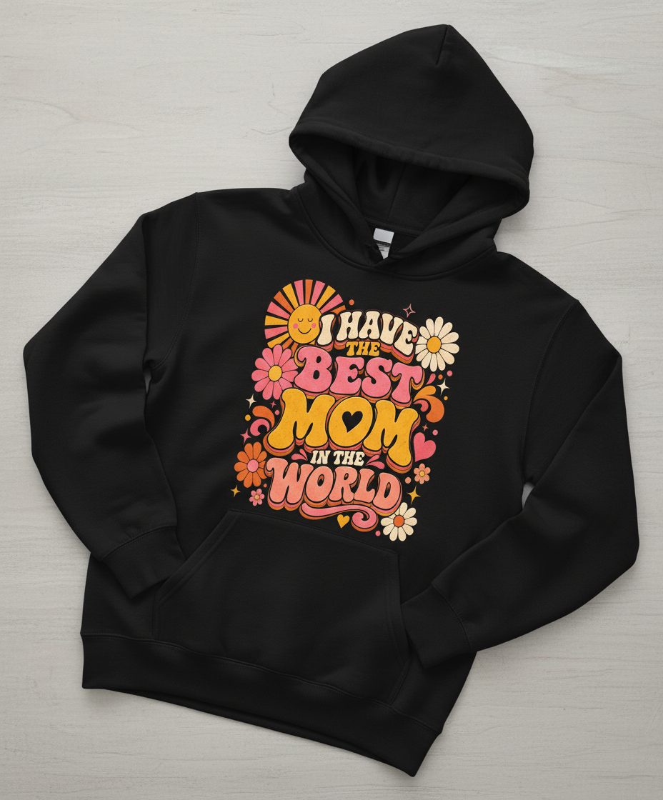 I HAVE THE BEST MOM IN THE WORLD Retro Mother's Day Hoodie - product mockup - Black