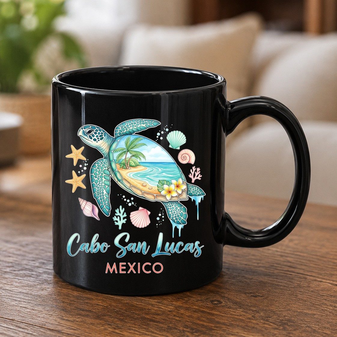 Cabo San Lucas Mexico sea turtle Black Mug Black product mockup