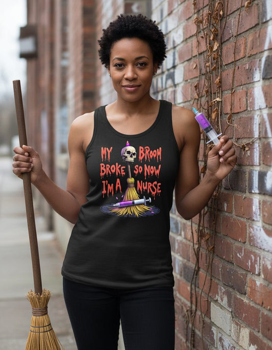 My Broom Broke So Now I'm a Nurse Halloween nurse Tank Top Black lifestyle mockup