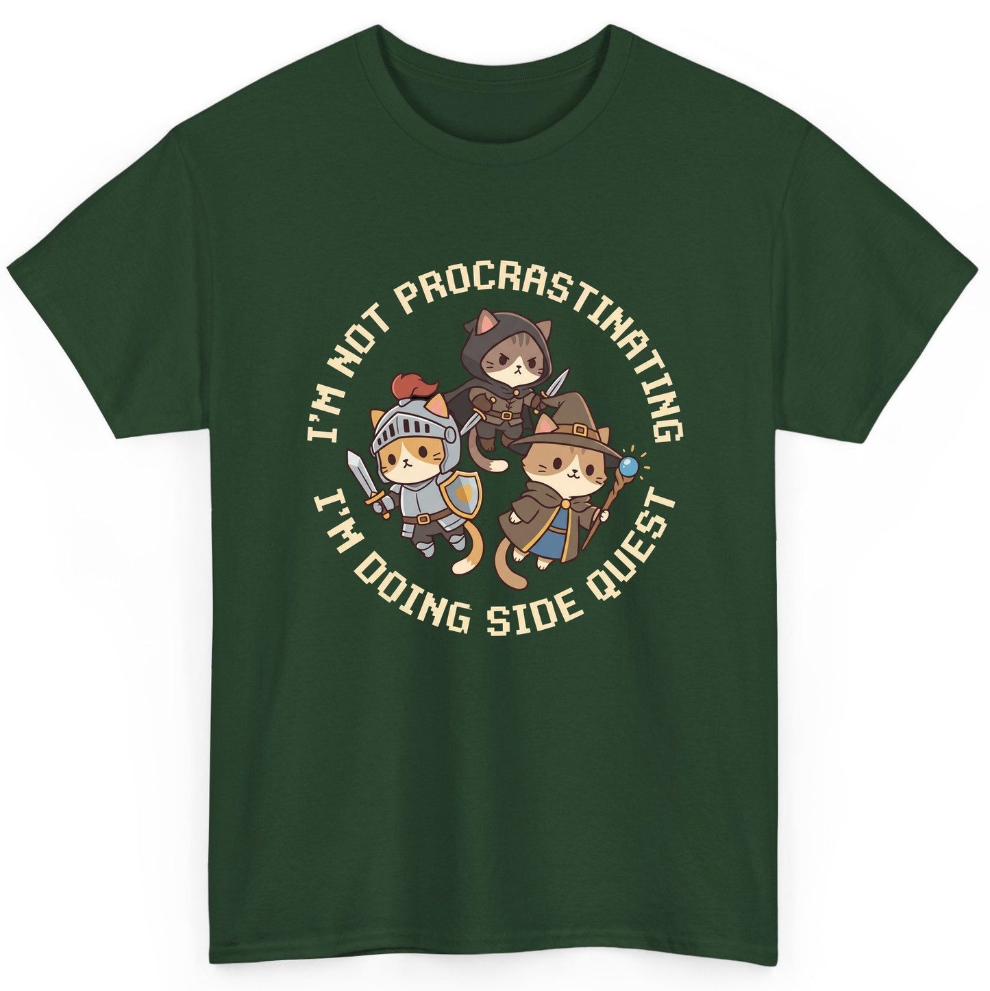 I'm Not Procrastinating I'm Doing Side Quest rpg cats T-Shirt Forest Green product mockup