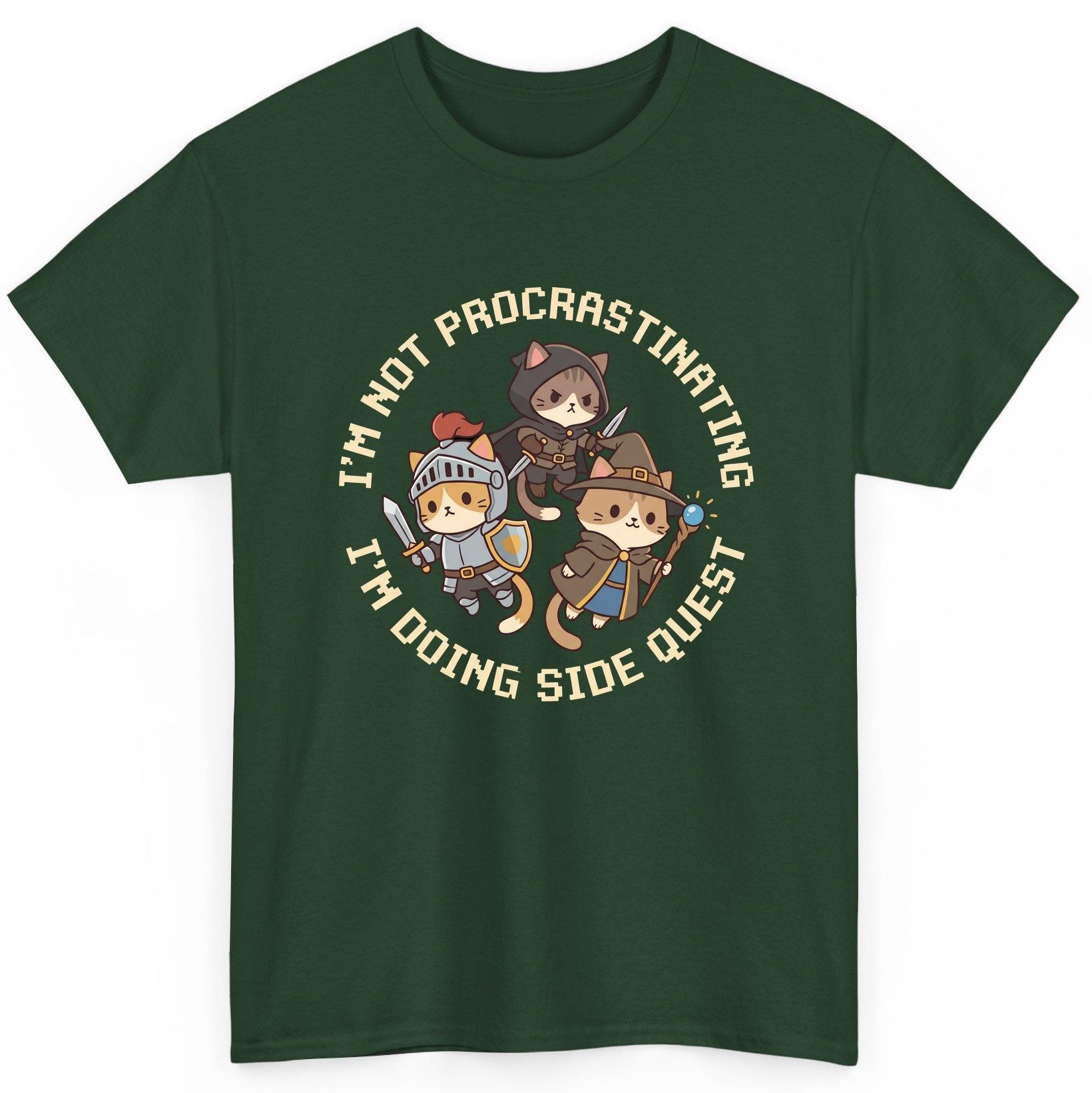 I'm Not Procrastinating I'm Doing Side Quest rpg cats T-Shirt Forest Green product mockup