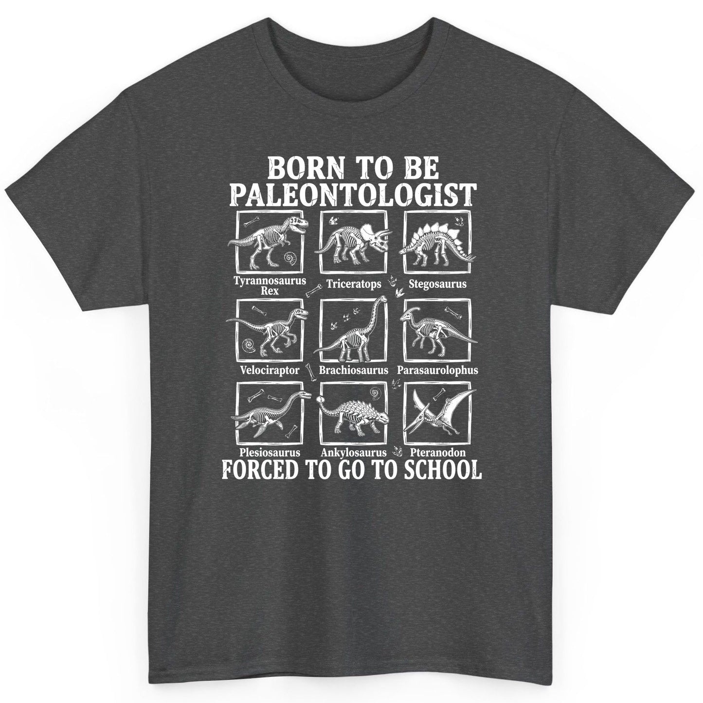 Born to Be Paleontologist Forced to Go to School dinosaurs T-Shirt Dark Heather product mockup