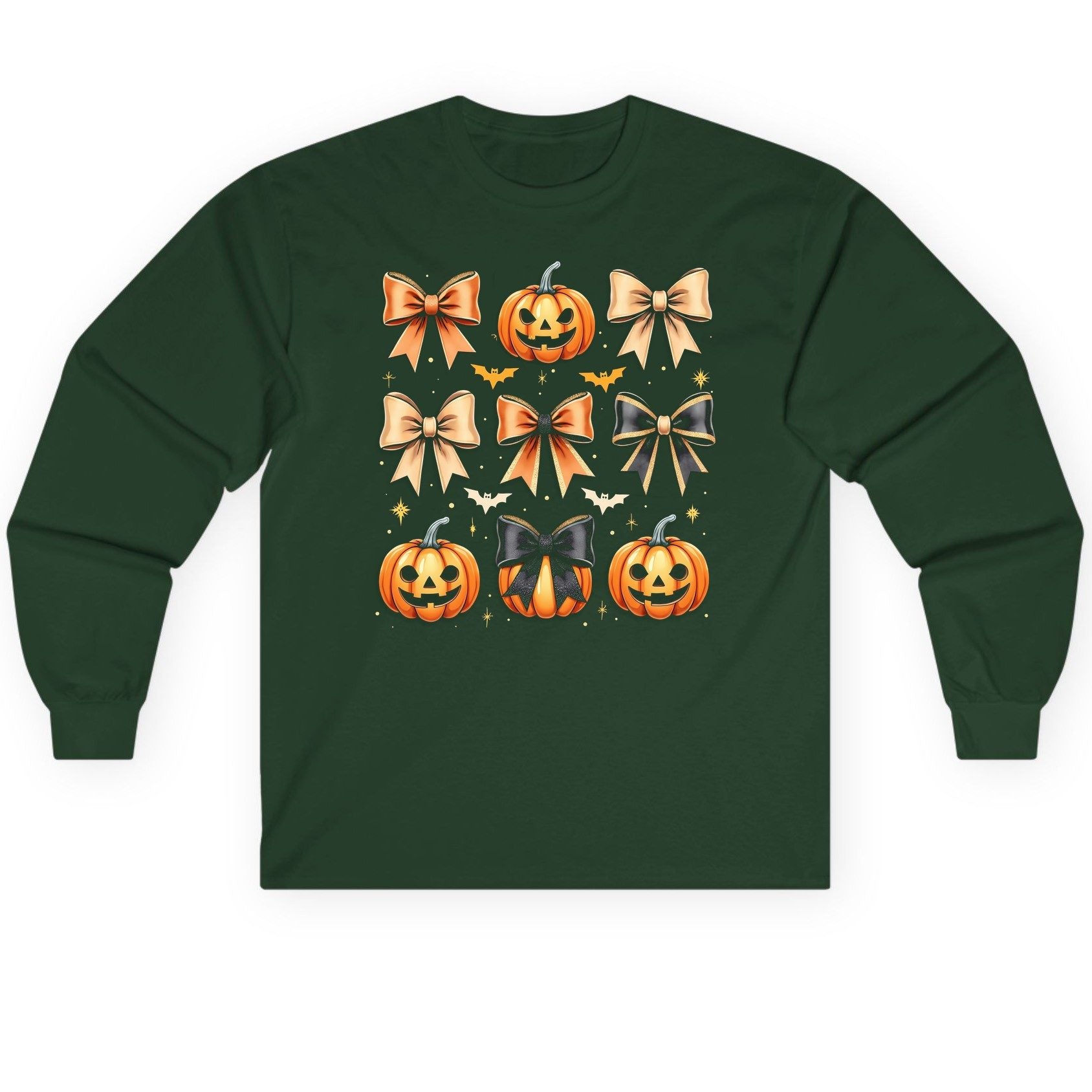 Cute Halloween Pumpkins and Bows Halloween Long Sleeve Tee Forest Green product mockup