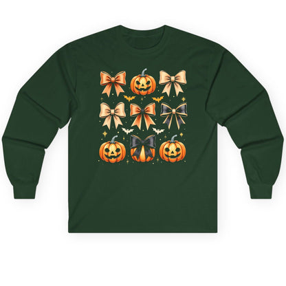 Cute Halloween Pumpkins and Bows Halloween Long Sleeve Tee Forest Green product mockup