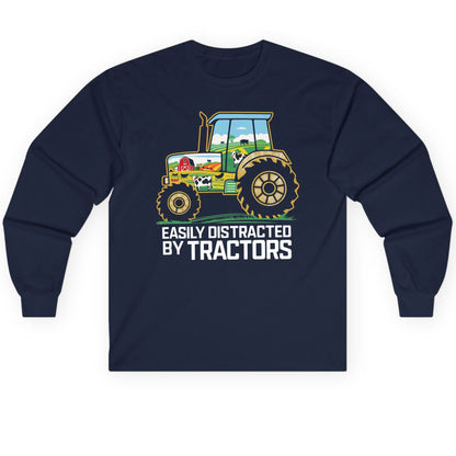 Easily Distracted by Tractors farming Long Sleeve Tee Navy product mockup