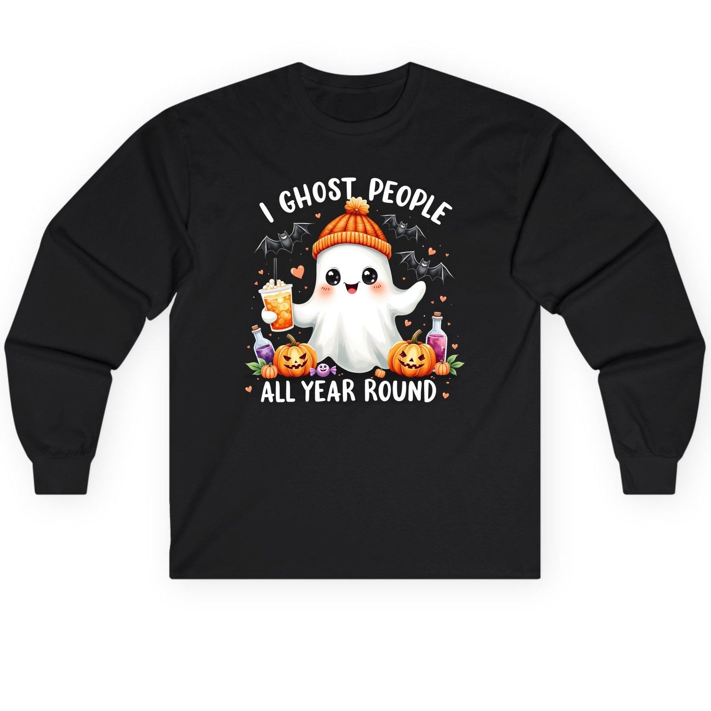 I Ghost People All Year Round cute ghost Long Sleeve Tee Black product mockup