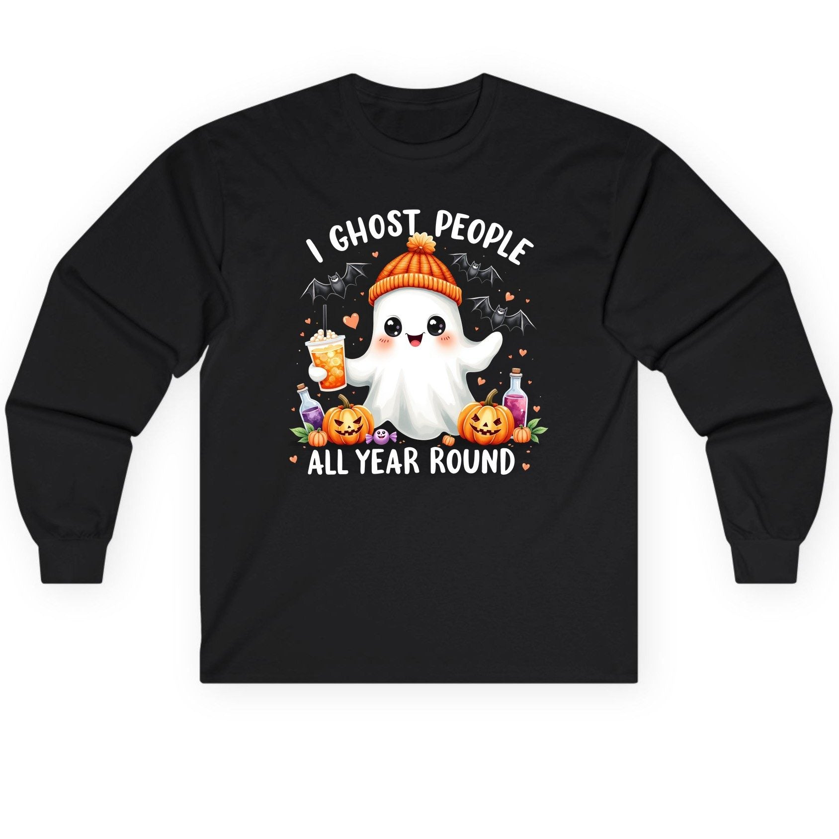 I Ghost People All Year Round cute ghost Long Sleeve Tee Black product mockup