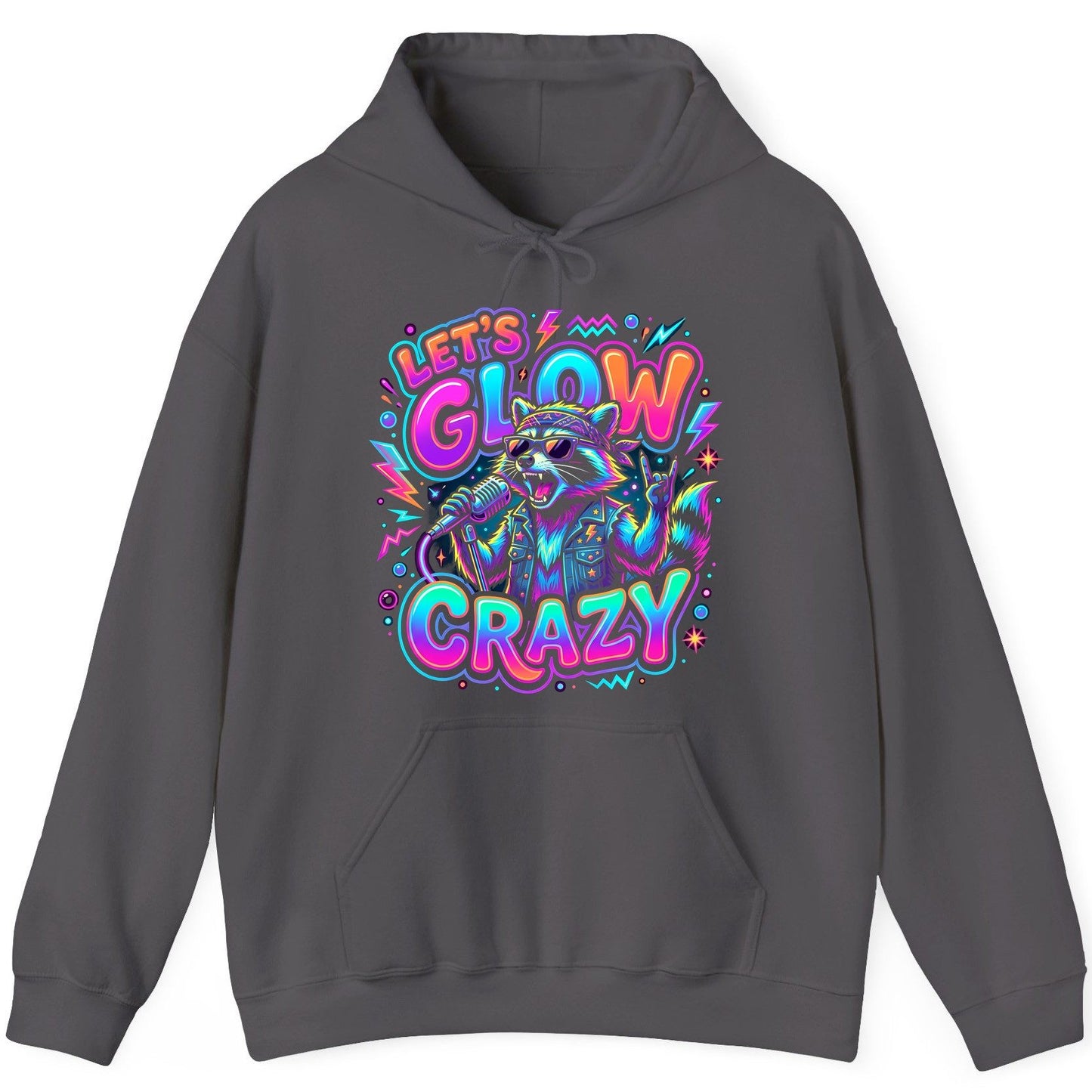 Let's Glow Crazy Funny Rockstar Raccoon Hoodie - product mockup - Charcoal