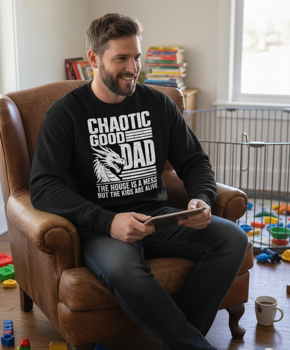 CHAOTIC GOOD DAD THE HOUSE IS A MESS BUT THE KIDS ARE ALIVE Funny Chaotic Good Dad Dragon Sweatshirt - lifestyle model mockup - Black