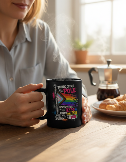 Straight Ally LGBTQ+ Support Pole and Flag Black Mug - Black