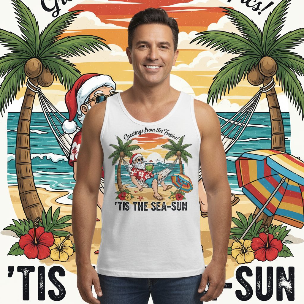 Greetings from the Tropics 'Tis the Sea-Sun santa claus on a tropical vacation Tank Top White lifestyle mockup