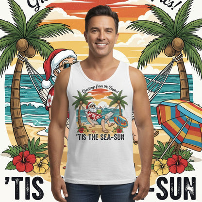 Greetings from the Tropics 'Tis the Sea-Sun santa claus on a tropical vacation Tank Top White lifestyle mockup