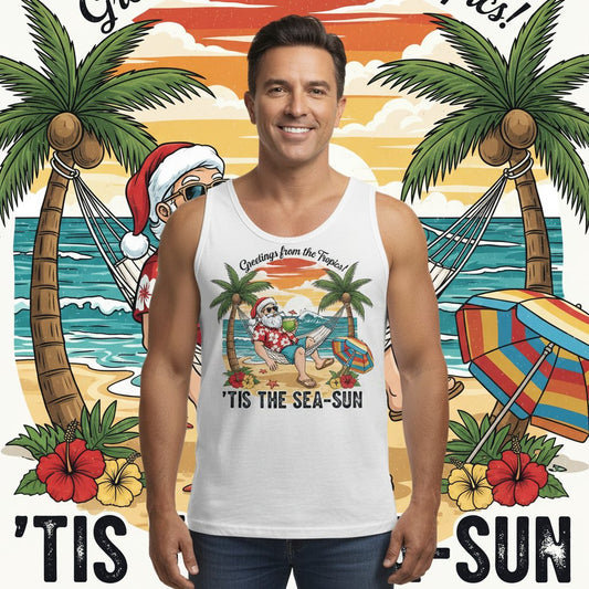 Greetings from the Tropics 'Tis the Sea-Sun santa claus on a tropical vacation Tank Top White lifestyle mockup