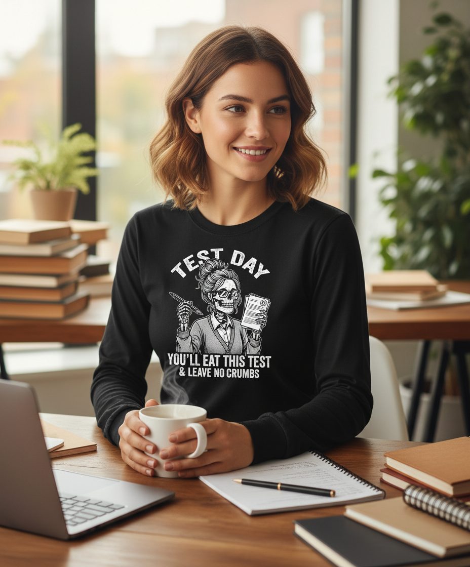 You'll Eat This Test & Leave No Crumbs Funny Day Long Sleeve Tee - lifestyle model mockup - Black