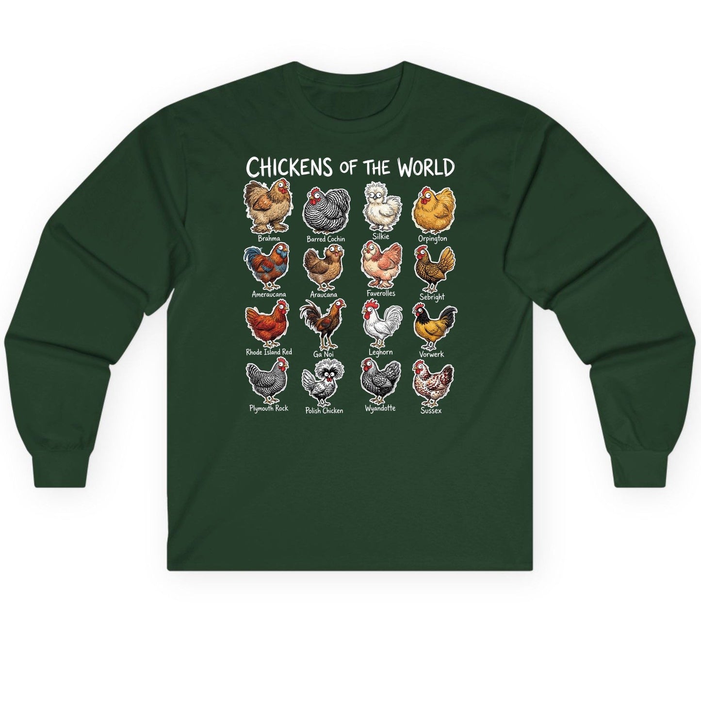 Chickens of the World chicken breeds Long Sleeve Tee Forest Green product mockup